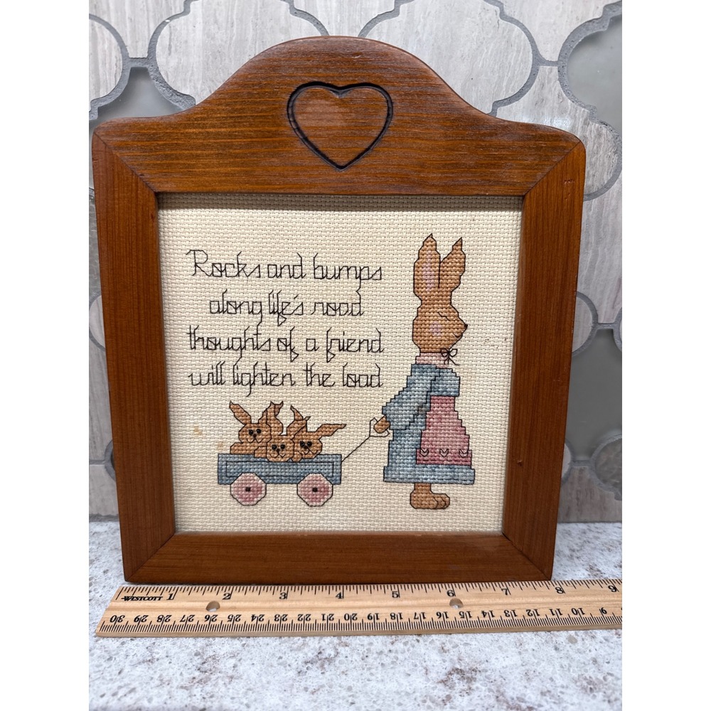 Vintage Bunny Rabbit Cross Stitch Framed Wall Art Heart Wood Frame Cottagecore